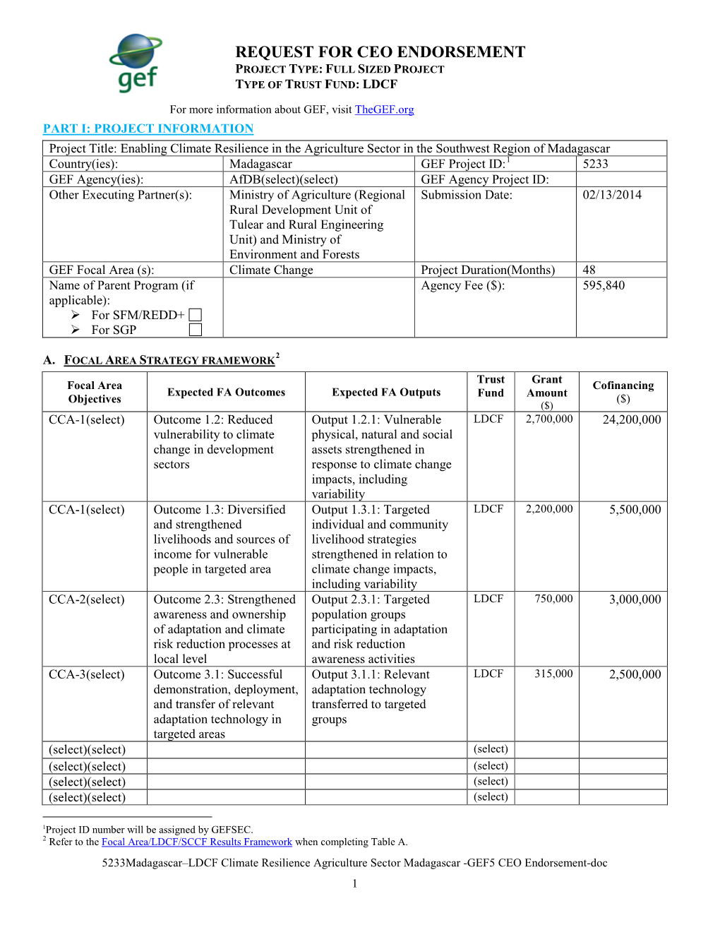 Request for Ceo Endorsement Project Type: Full Sized Project Type of Trust Fund: Ldcf