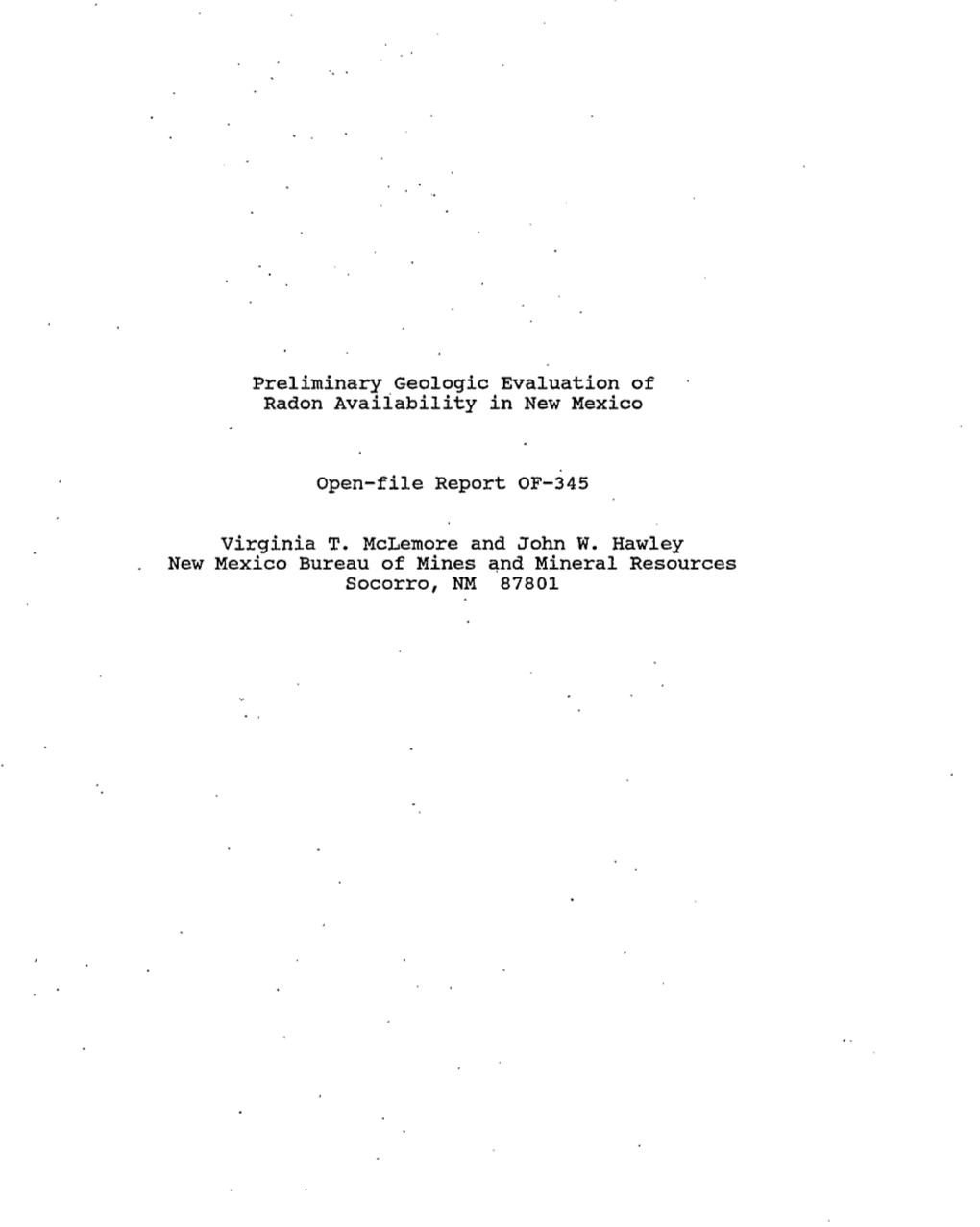 Preliminary Geologic Evaluation of Radon Availability in New Mexico