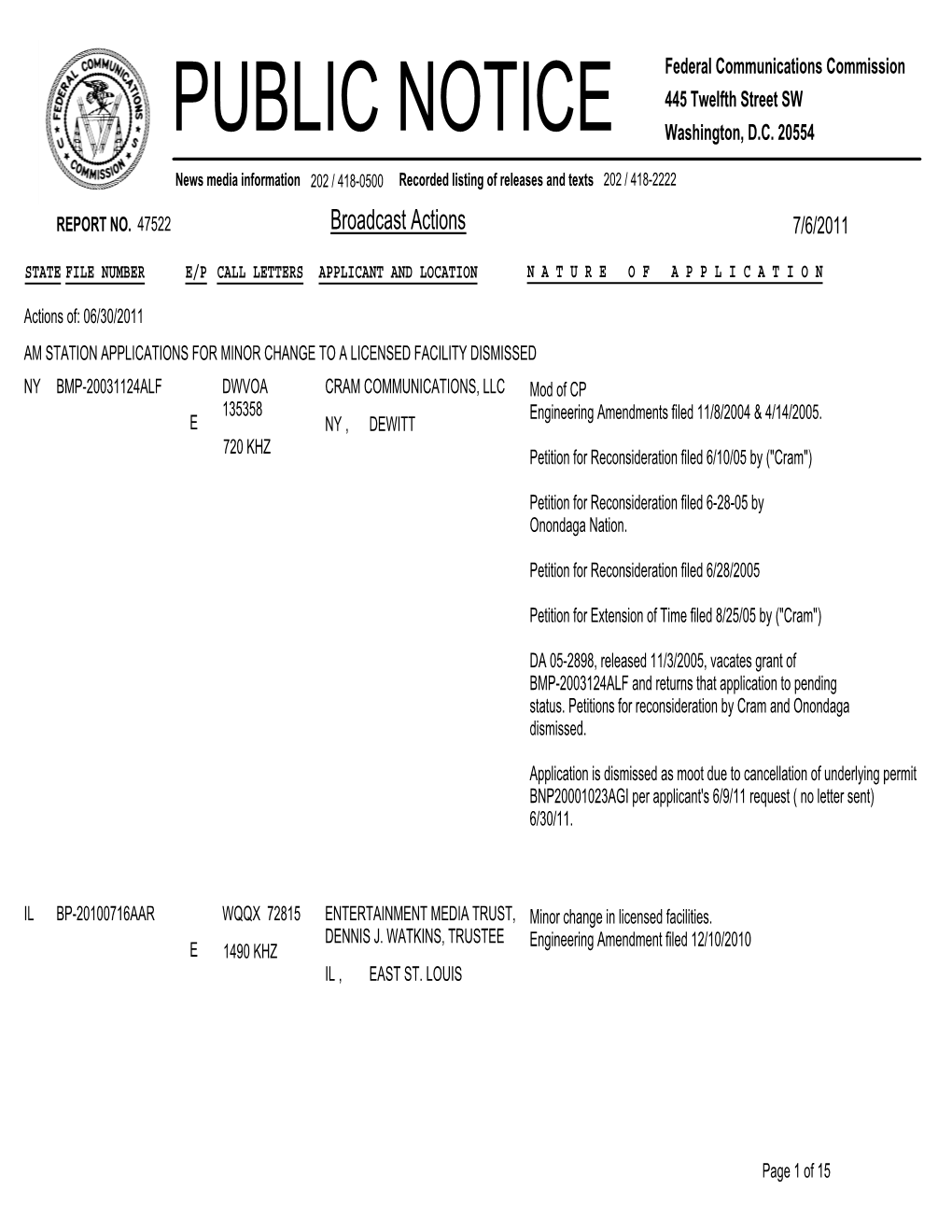 Broadcast Actions 7/6/2011