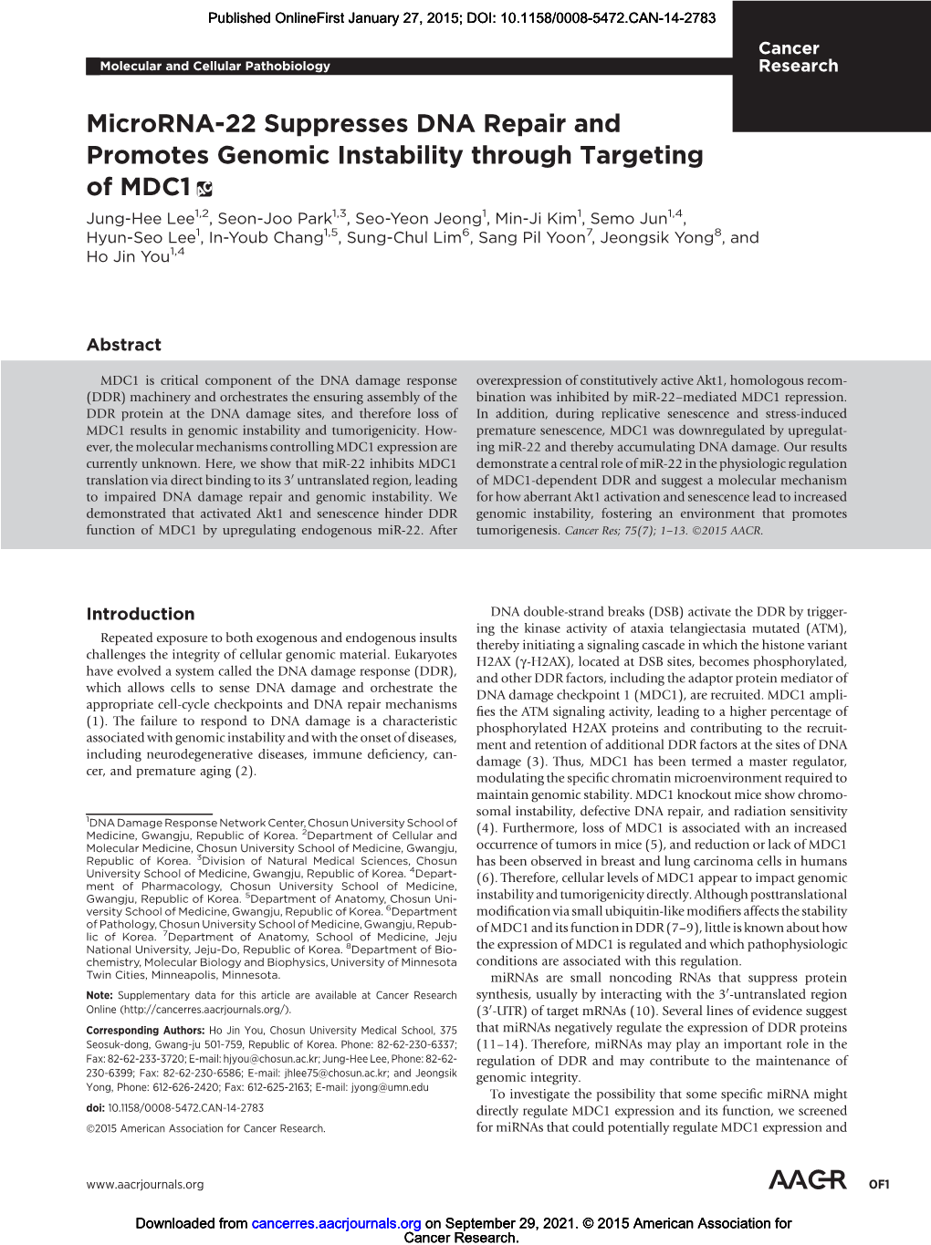 Microrna-22 Suppresses DNA Repair and Promotes Genomic