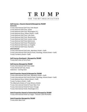 Golf Courses + Resorts Owned & Managed by TRUMP Domestic
