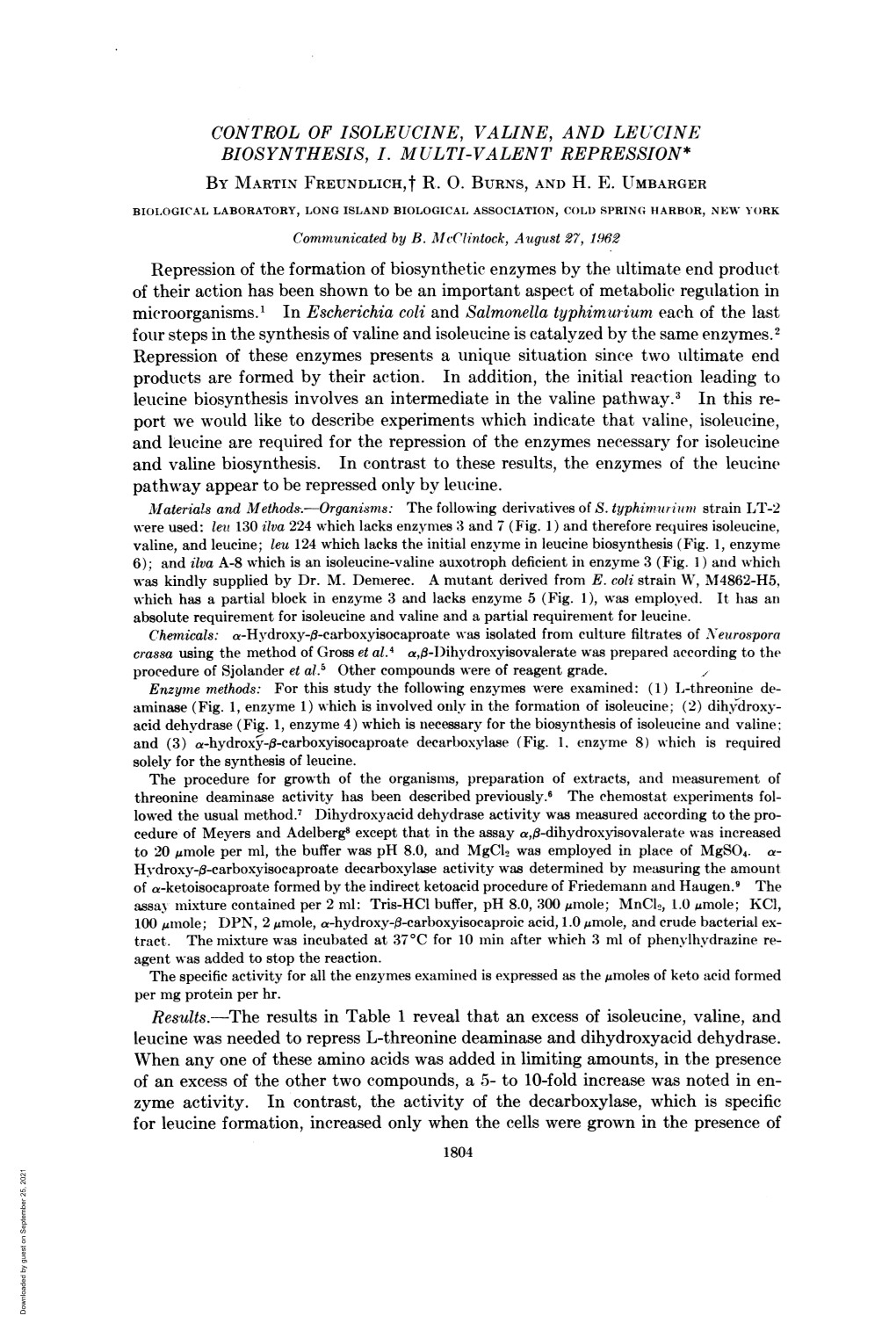 CONTROL of ISOLEUCINE, VALINE, and LEUCINE BIOSYNTHESIS, I. MULTI-VALENT REPRESSION* by MARTIN FREUNDLICH,T R