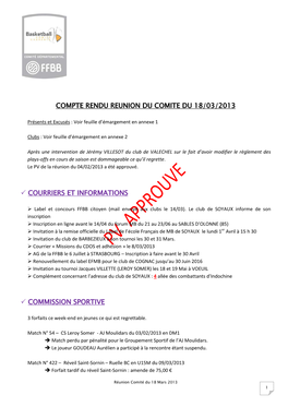 Compte Rendu Reunion Du Comite Du 18/03/2013 Courriers Et Informations Commission Sportive