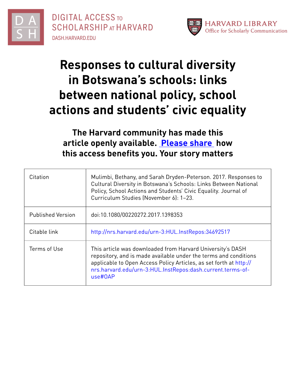 Responses to Cultural Diversity in Botswana's Schools