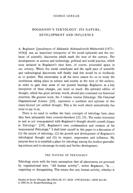 Bogdanov's Tektology:Its Nature, Development and Influence