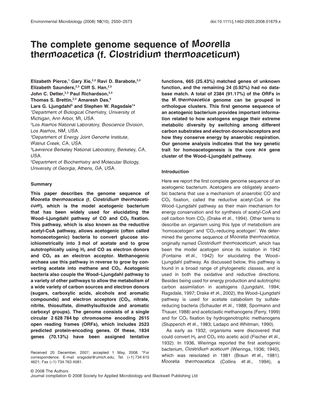 The Complete Genome Sequence of Moorella Thermoacetica (F