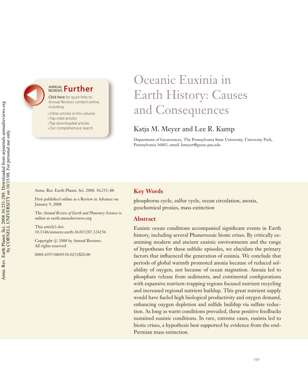 Oceanic Euxinia in Earth History: Causes and Consequences Katja M