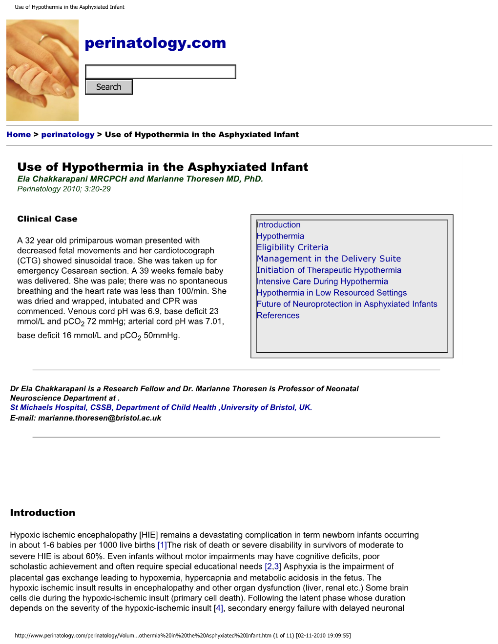 Use of Hypothermia in the Asphyxiated Infant