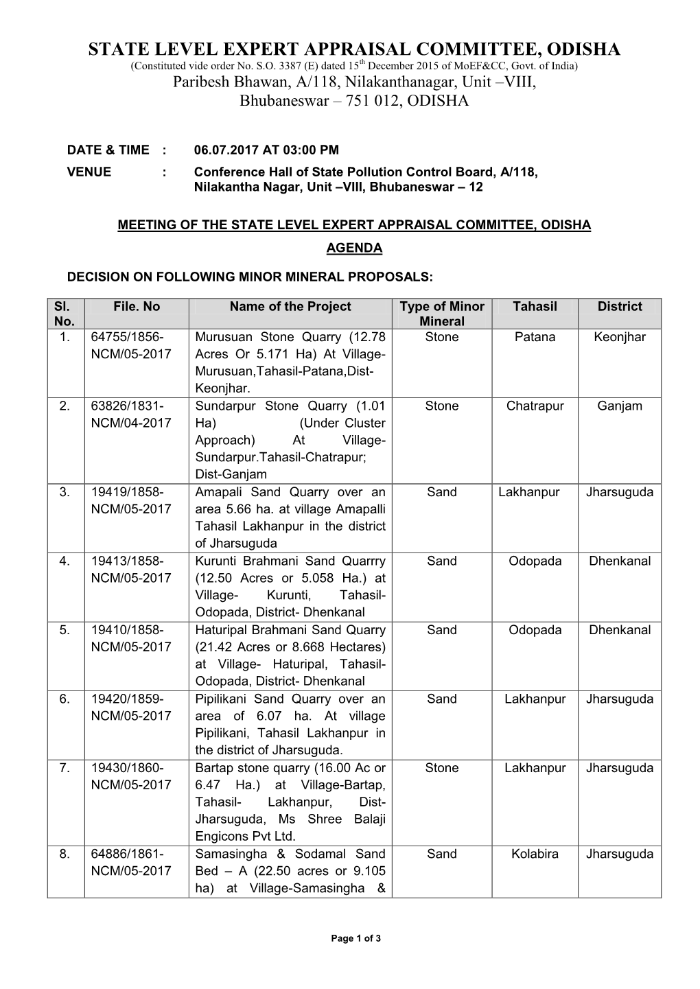 STATE LEVEL EXPERT APPRAISAL COMMITTEE, ODISHA (Constituted Vide Order No