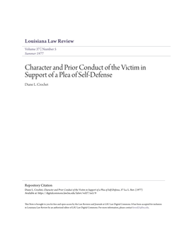 Character and Prior Conduct of the Victim in Support of a Plea of Self-Defense Diane L