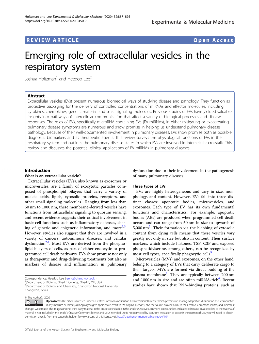 Emerging Role of Extracellular Vesicles in the Respiratory System Joshua Holtzman1 and Heedoo Lee2