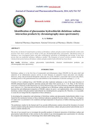 Identification of Glucosamine Hydrochloride Diclofenac Sodium Interaction Products by Chromatography-Mass Spectrometry
