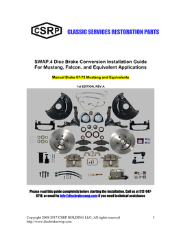 SWAP.4 Disc Brake Conversion Installation Guide for Mustang, Falcon, and Equivalent Applications