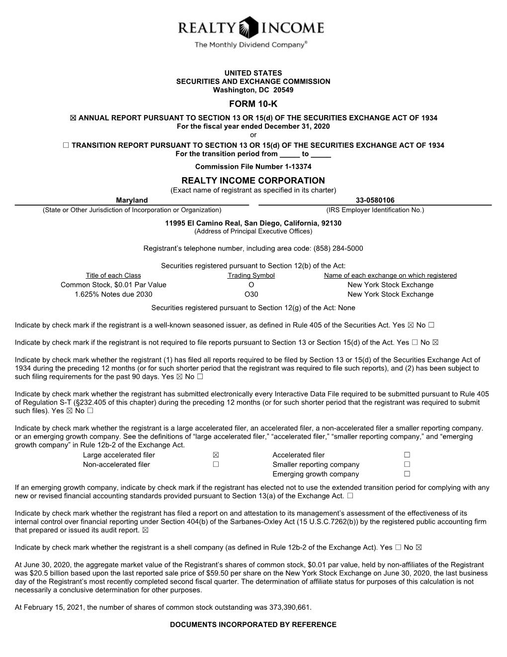 Form 10-K Realty Income Corporation