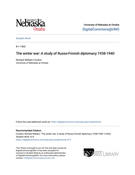 The Winter War: a Study of Russo-Finnish Diplomacy 1938-1940