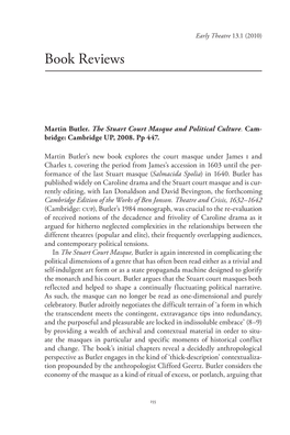 Review of the Stuart Court Masque and Political Culture by Martin Butler