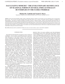 Facultative Mimicry? the Evolutionary Significance of Seasonal Forms in Several Indo-Australian Butterflies in the Family Pieridae