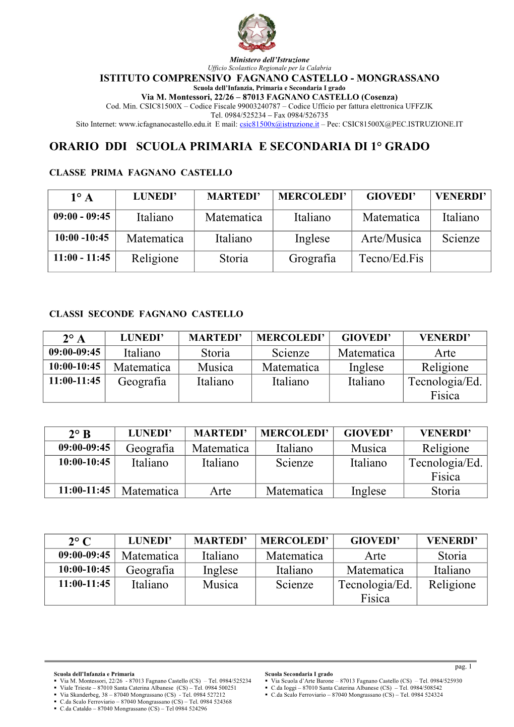 Orario Ddi Scuola Primaria E Secondaria Di 1° Grado