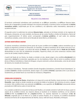 RELIEVE COLOMBIANO El Territorio Continental Colombiano Está