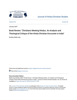 Christians Meeting Hindus. an Analysis and Theological Critique of the Hindu-Christian Encounter in India"