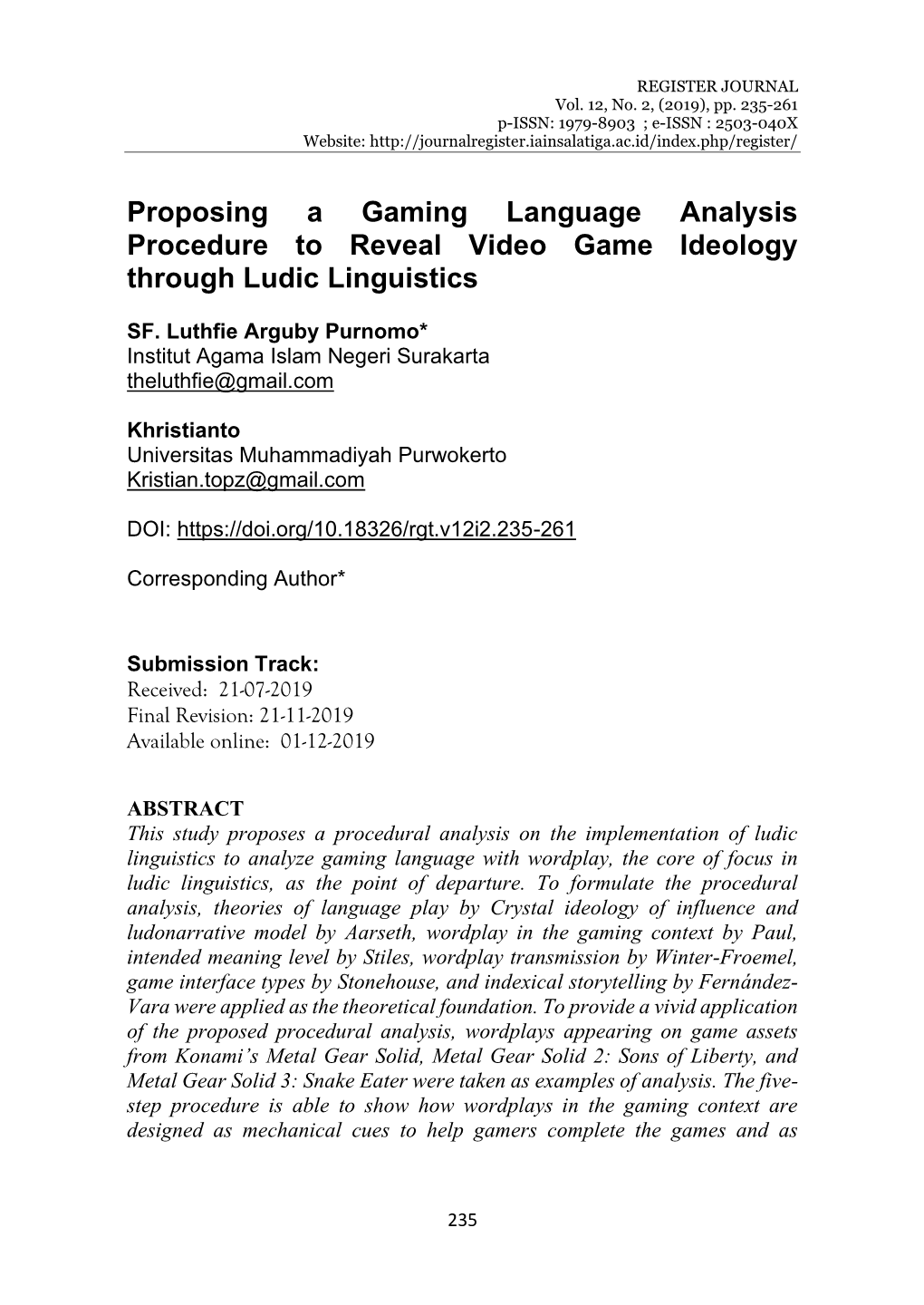 Proposing a Gaming Language Analysis Procedure to Reveal Video Game Ideology Through Ludic Linguistics