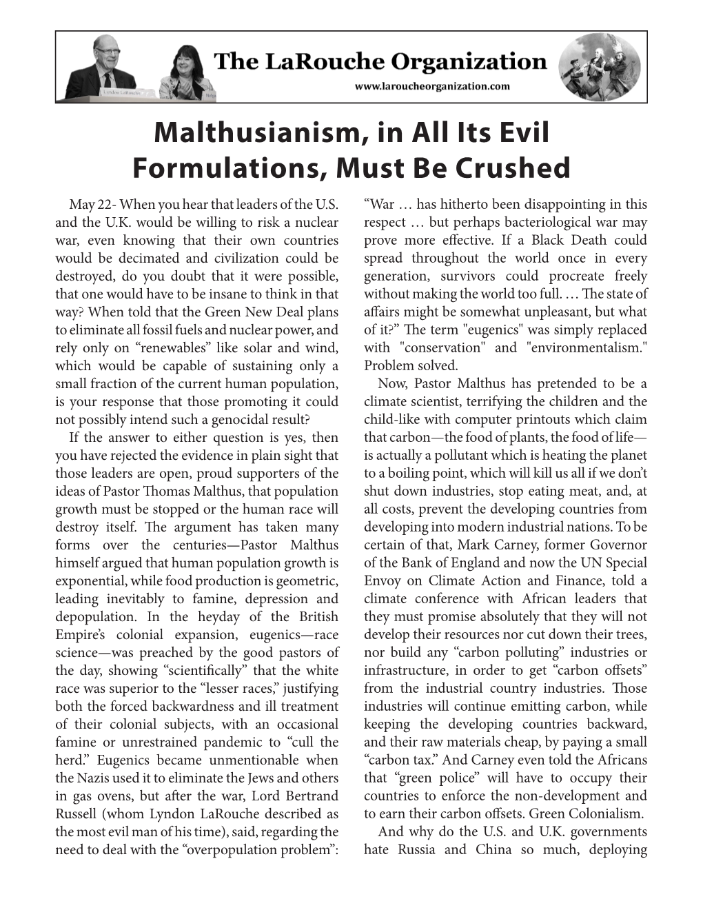 Malthusianism, in All Its Evil Formulations, Must Be Crushed May 22- When You Hear That Leaders of the U.S