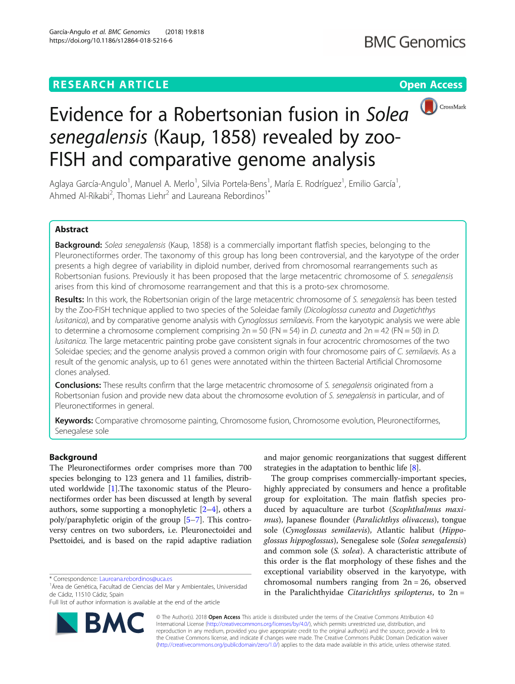 Evidence for a Robertsonian Fusion in Solea Senegalensis (Kaup, 1858) Revealed by Zoo- FISH and Comparative Genome Analysis Aglaya García-Angulo1, Manuel A