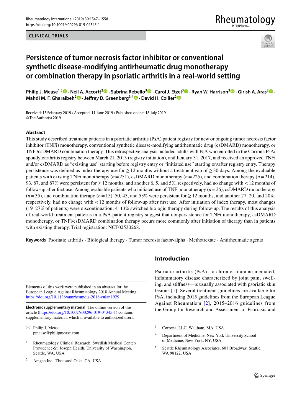 Persistence of Tumor Necrosis Factor Inhibitor Or Conventional Synthetic