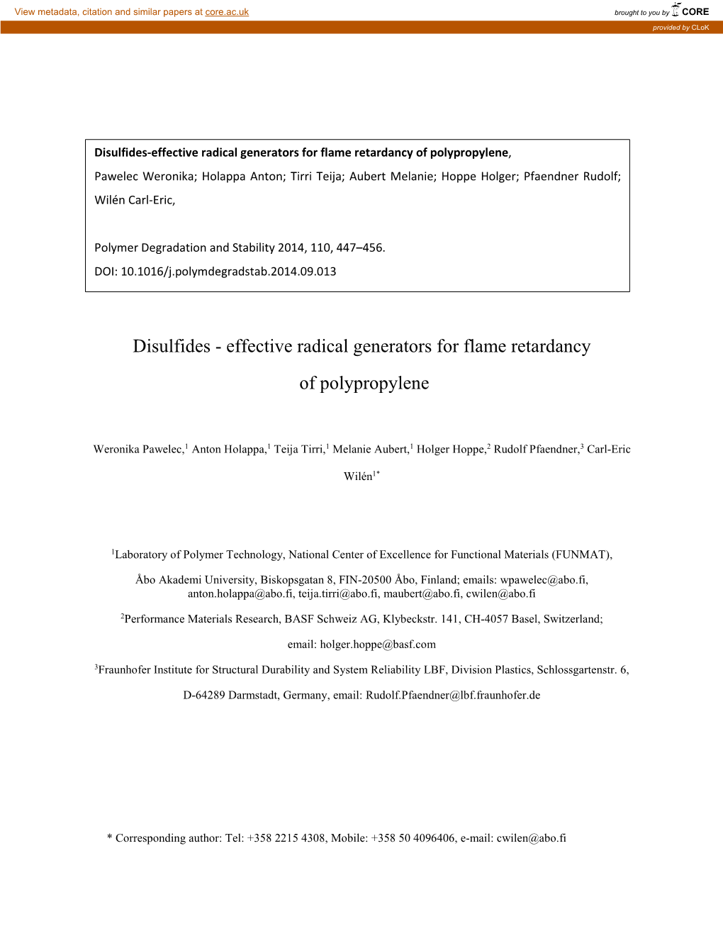 Disulfides-Effective Radical Generators for Flame Retardancy