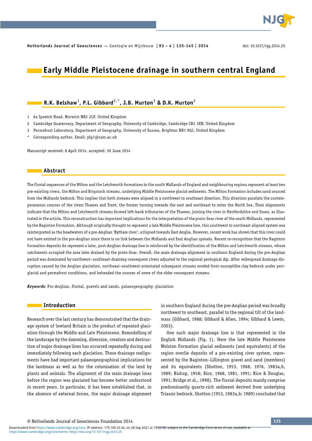 Early Middle Pleistocene Drainage in Southern Central England