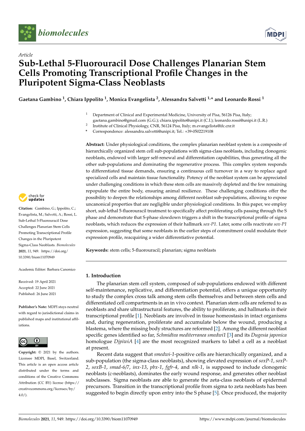 Sub-Lethal 5-Fluorouracil Dose Challenges Planarian Stem Cells Promoting Transcriptional Proﬁle Changes in the Pluripotent Sigma-Class Neoblasts