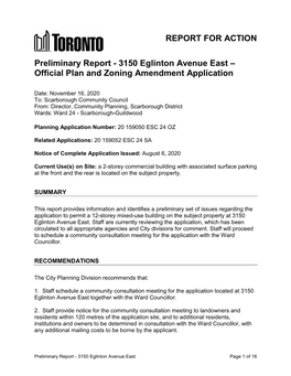 Preliminary Report - 3150 Eglinton Avenue East – Official Plan and Zoning Amendment Application