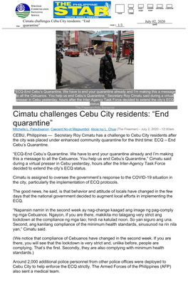 Cebu City Residents: “End July 02, 2020 PAGE 1/ DATE TITLE : Quarantine” 1/3