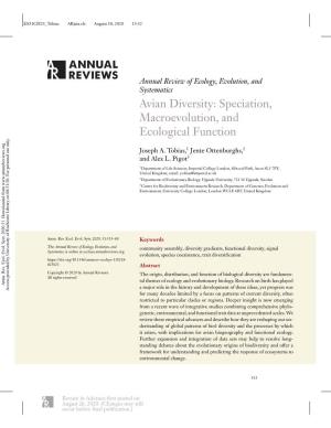 Avian Diversity: Speciation, Macroevolution, and Ecological Function