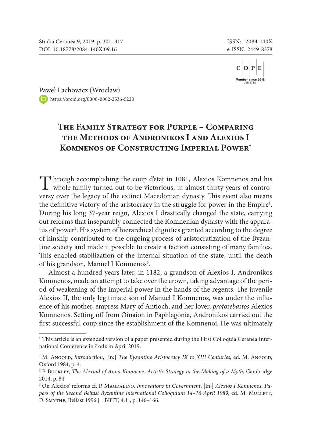 Comparing the Methods of Andronikos I and Alexios I Komnenos of Constructing Imperial Power*