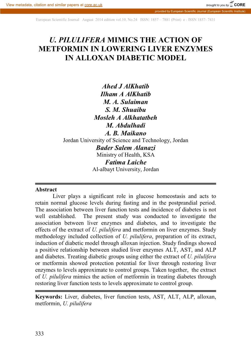 U. Pilulifera Mimics the Action of Metformin in Lowering Liver Enzymes in Alloxan Diabetic Model