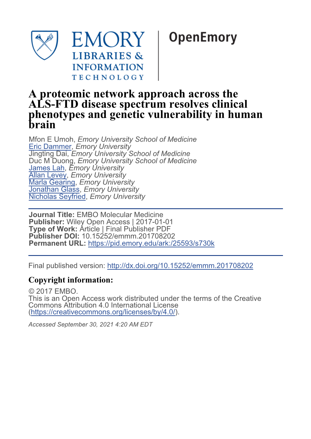 A Proteomic Network Approach Across the ALS-FTD Disease Spectrum