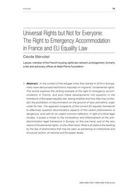 The Right to Emergency Accommodation in France and EU Equality Law Cécile Bénoliel