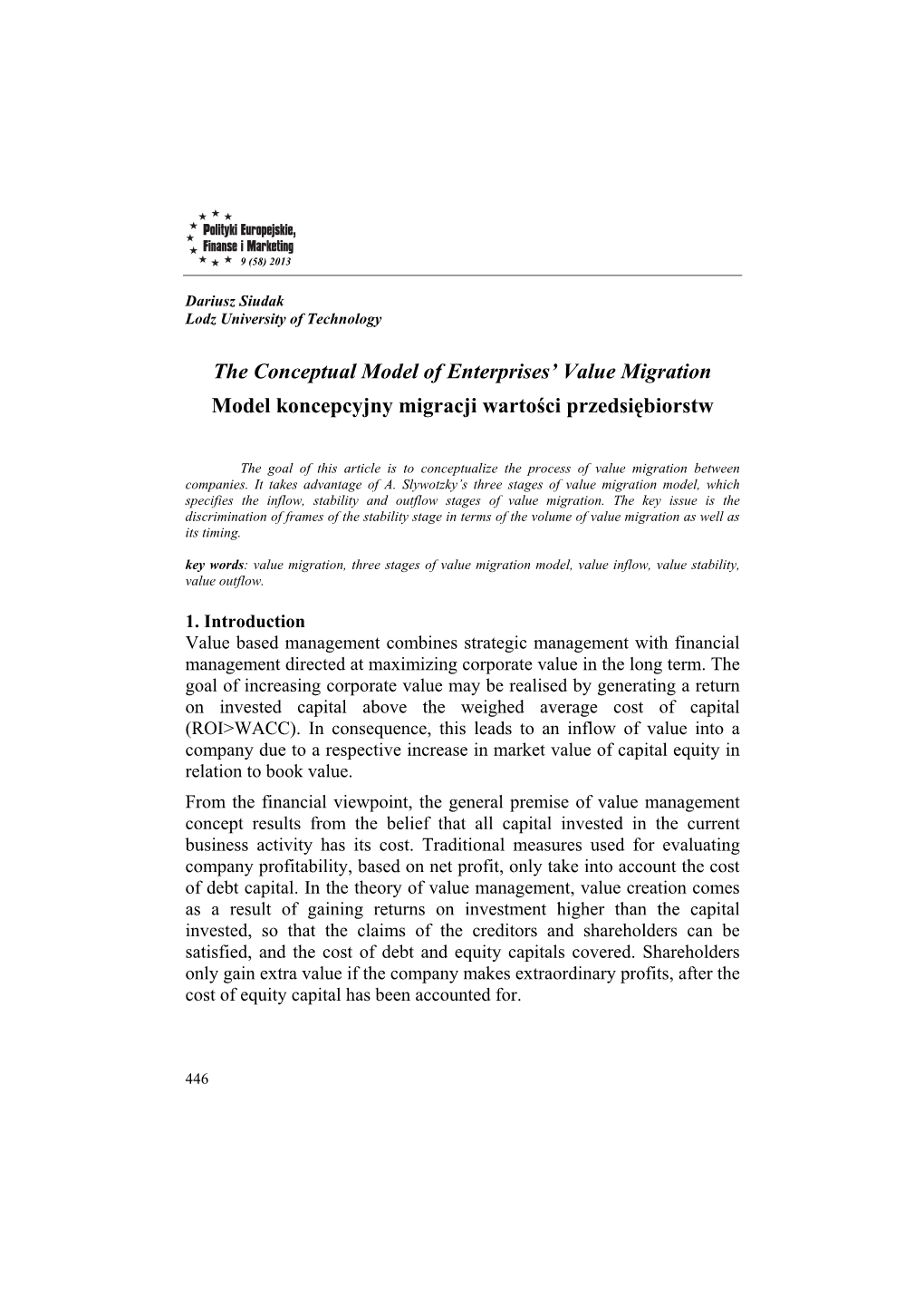 The Conceptual Model of Enterprises' Value Migration Model Koncepcyjny