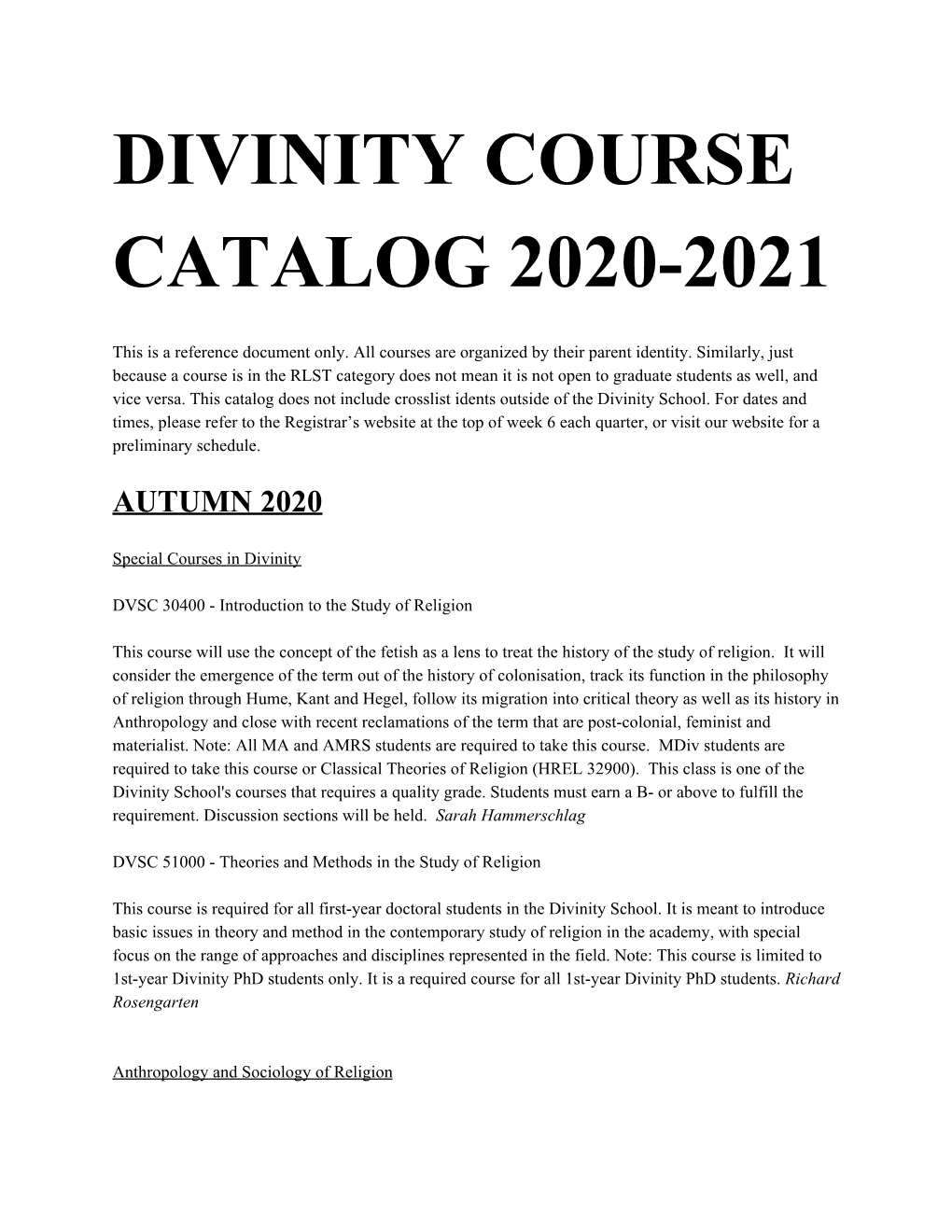 Divinity Course Catalog 2020-2021