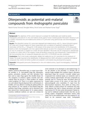 Diterpenoids As Potential Anti-Malarial Compounds from Andrographis Paniculata Manish Kumar Dwivedi, Shringika Mishra, Shruti Sonter and Prashant Kumar Singh*