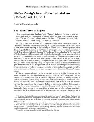 Stefan Zweig's Fear of Postcolonialism TRANSIT Vol. 11, No. 1