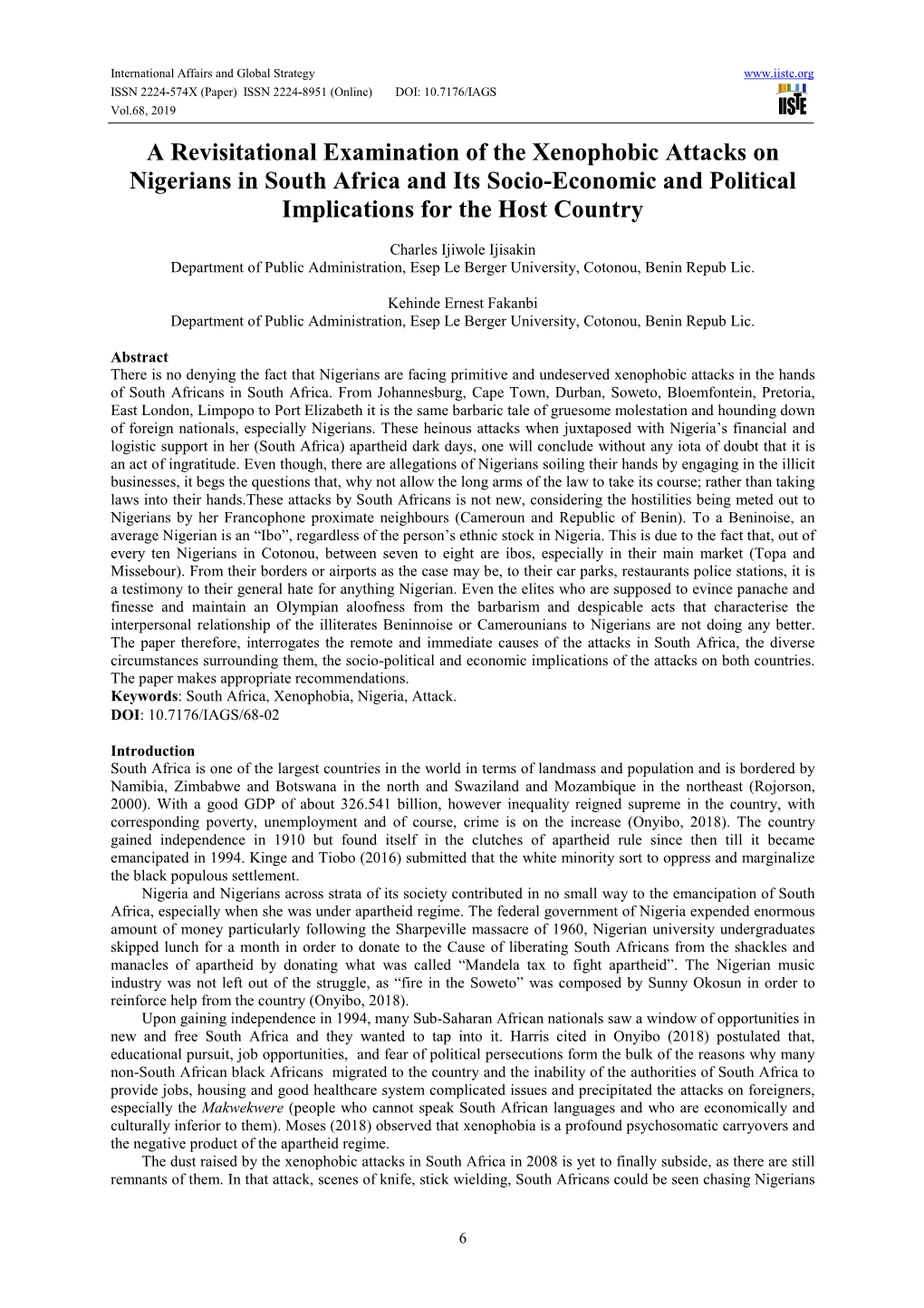 A Revisitational Examination of the Xenophobic Attacks on Nigerians in South Africa and Its Socio-Economic and Political Implications for the Host Country