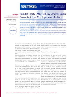 FONDATION ROBERT SCHUMAN / GENERAL ELECTIONS in CZECH REPUBLIC / 20Th and 21St OCTOBER 2017 General Elections in Czech Republic 20Th Et 21St October 2017