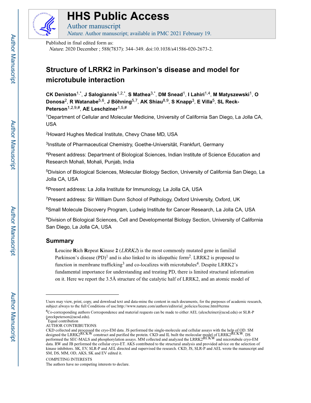 Structure of LRRK2 in Parkinson's Disease and Model for Microtubule