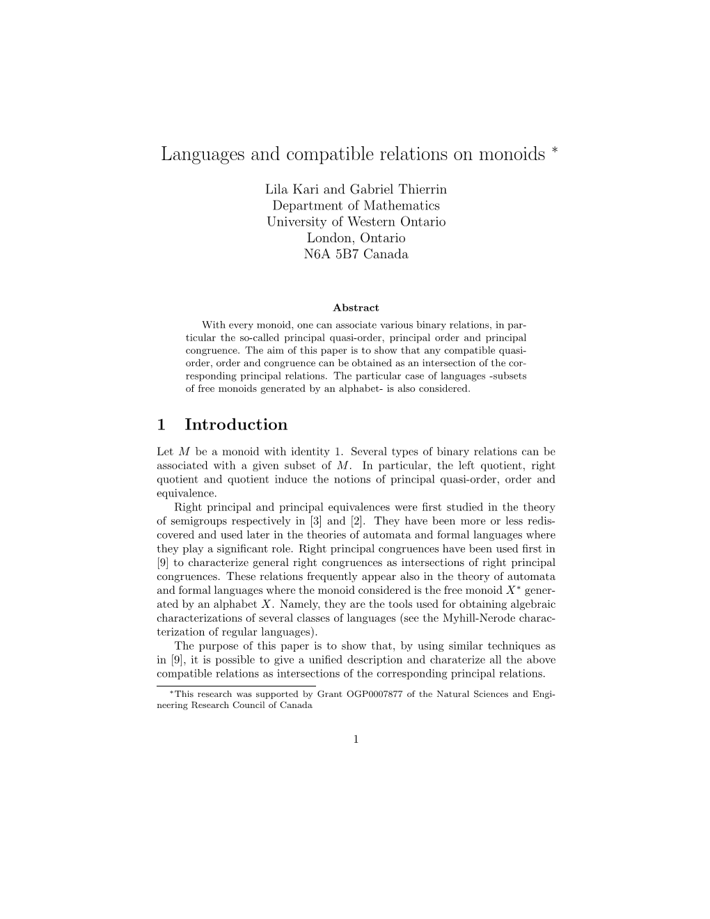 Languages and Compatible Relations on Monoids ∗