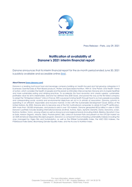 Notification of Availability of Danone's 2021 Interim Financial Report