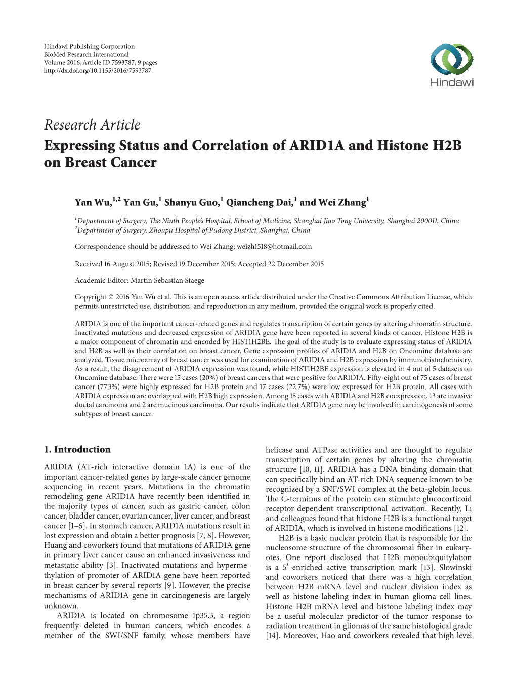 Expressing Status and Correlation of ARID1A and Histone H2B on Breast Cancer