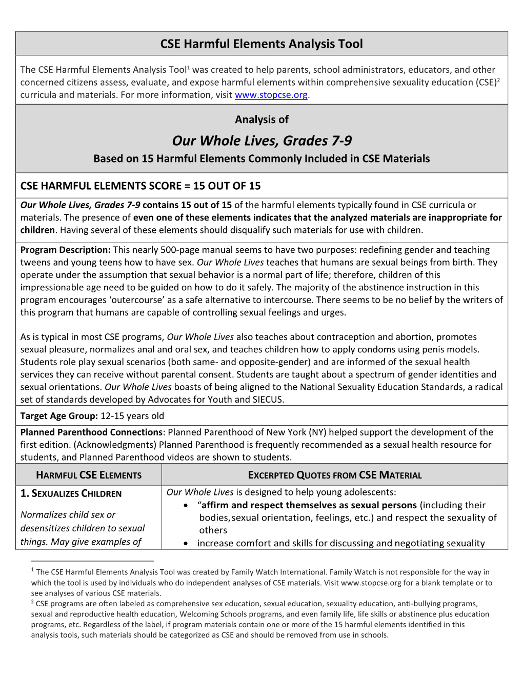 Our Whole Lives, Grades 7-9 Based on 15 Harmful Elements Commonly Included in CSE Materials