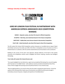 63Rd Bfi London Film Festival in Partnership with American Express Announces 2019 Competition Winners